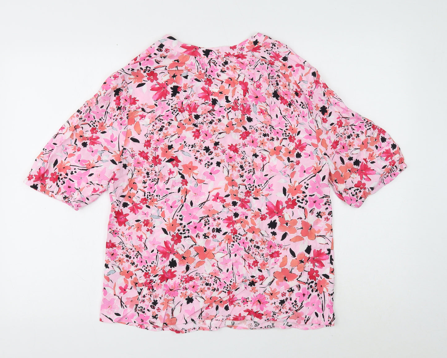 John Lewis Womens Pink Floral Viscose Basic Blouse Size 14 V-Neck
