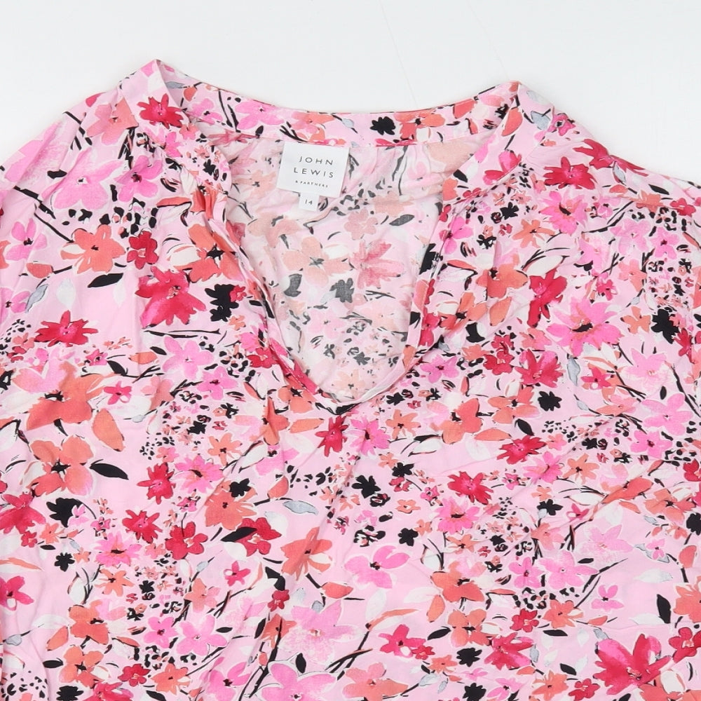 John Lewis Womens Pink Floral Viscose Basic Blouse Size 14 V-Neck