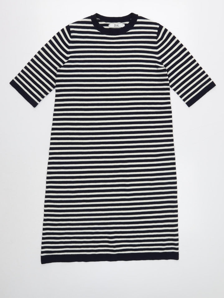 Find Womens Black Striped Polyester T-Shirt Dress Size 8 Crew Neck Pullover