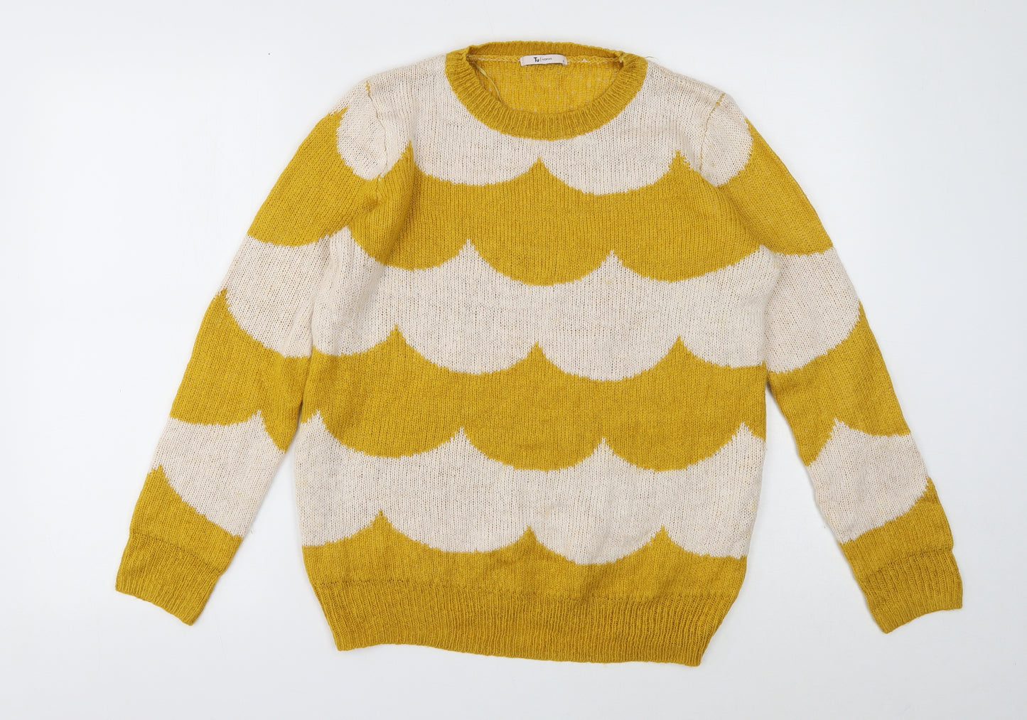 TU Womens Yellow Round Neck Striped Acrylic Pullover Jumper Size 8