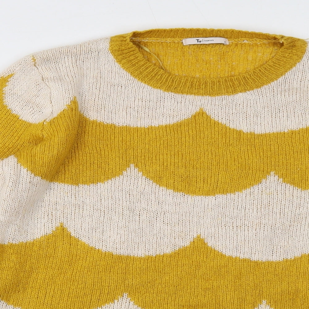 TU Womens Yellow Round Neck Striped Acrylic Pullover Jumper Size 8
