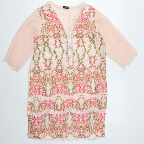 Agha Noor Womens Pink Floral Polyester Kaftan Size M V-Neck Button