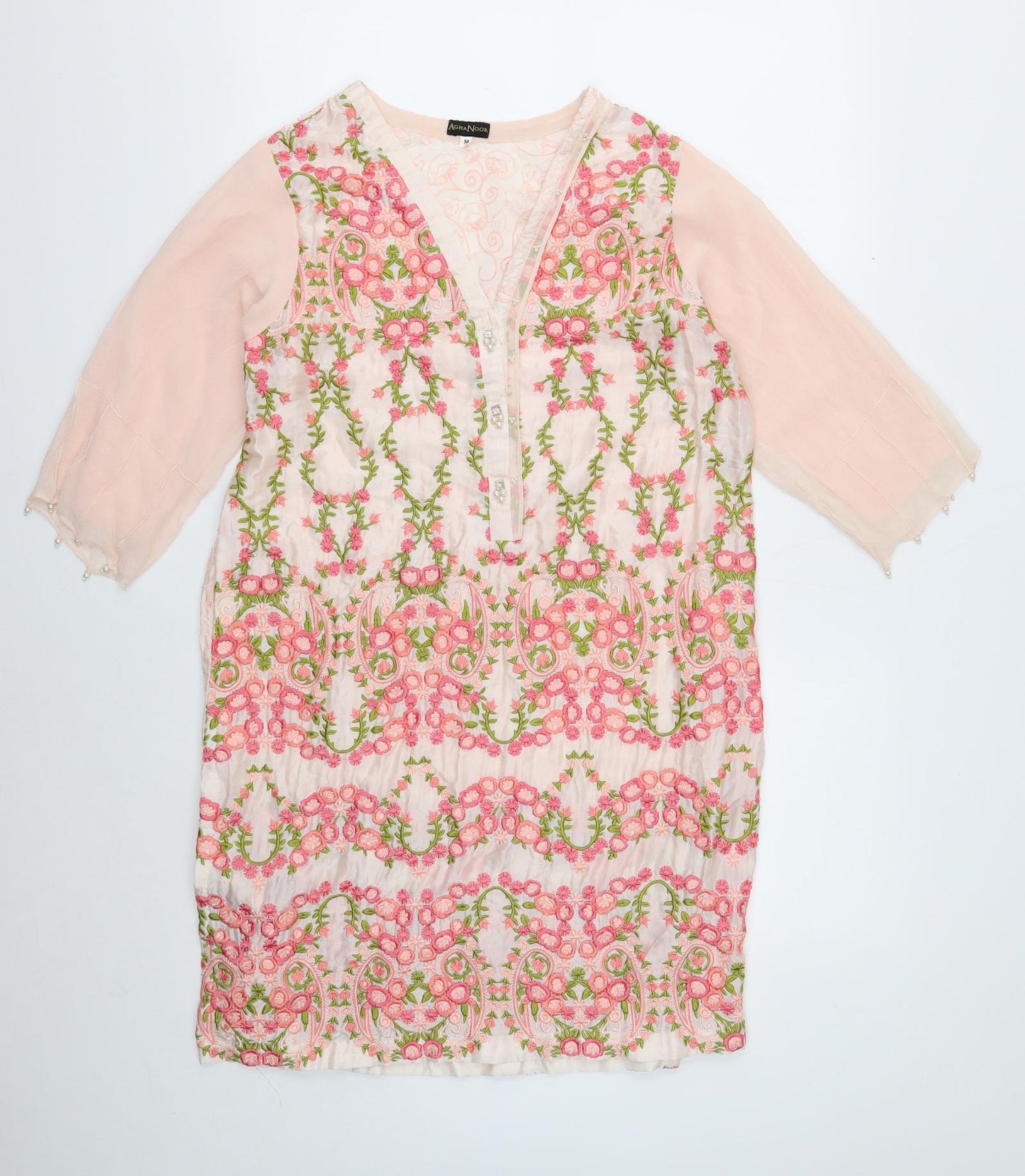 Agha Noor Womens Pink Floral Polyester Kaftan Size M V-Neck Button