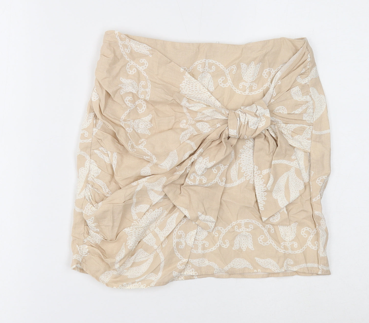 Zara Womens Beige Geometric Linen Mini Skirt Size 12 Zip