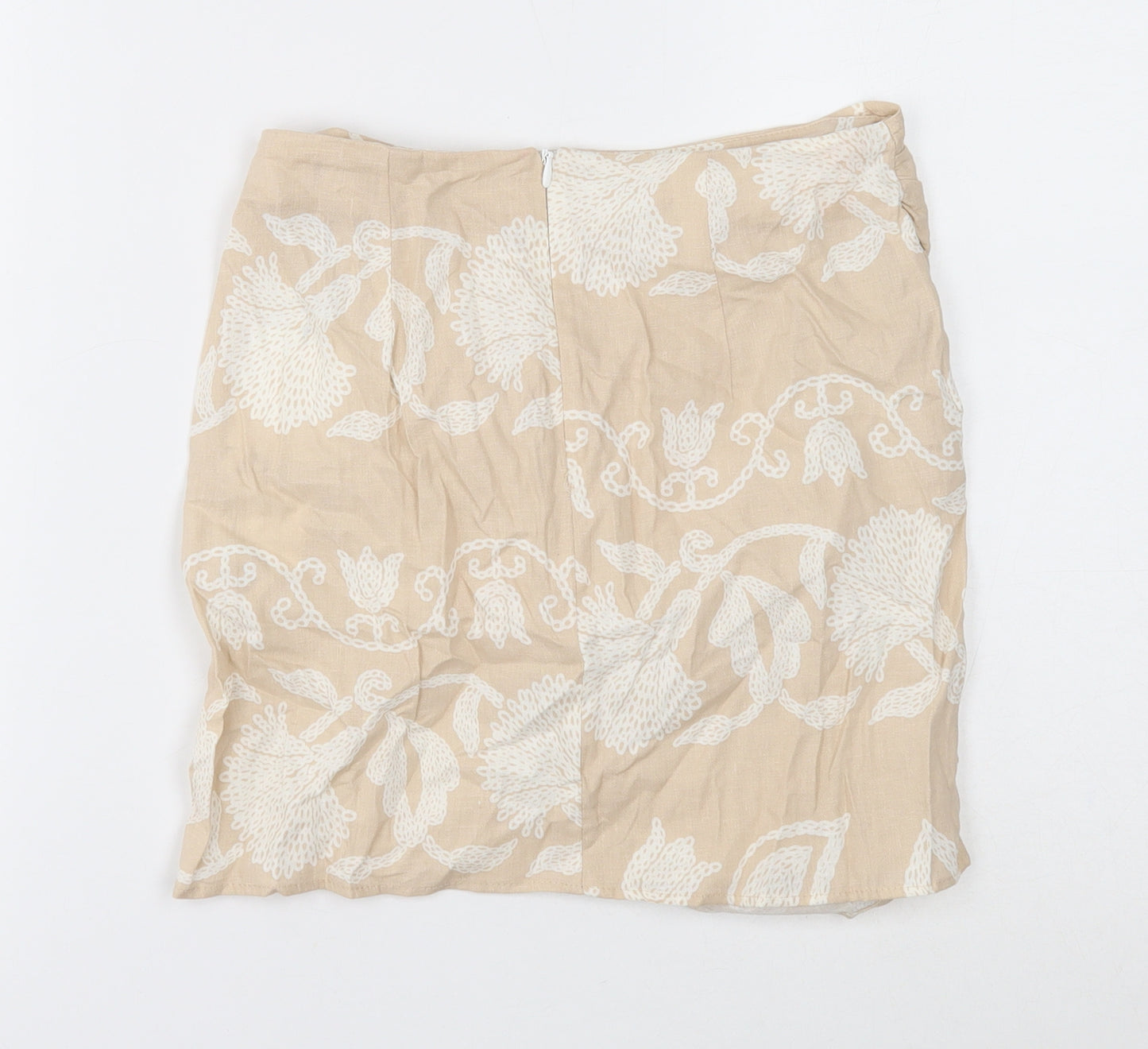 Zara Womens Beige Geometric Linen Mini Skirt Size 12 Zip