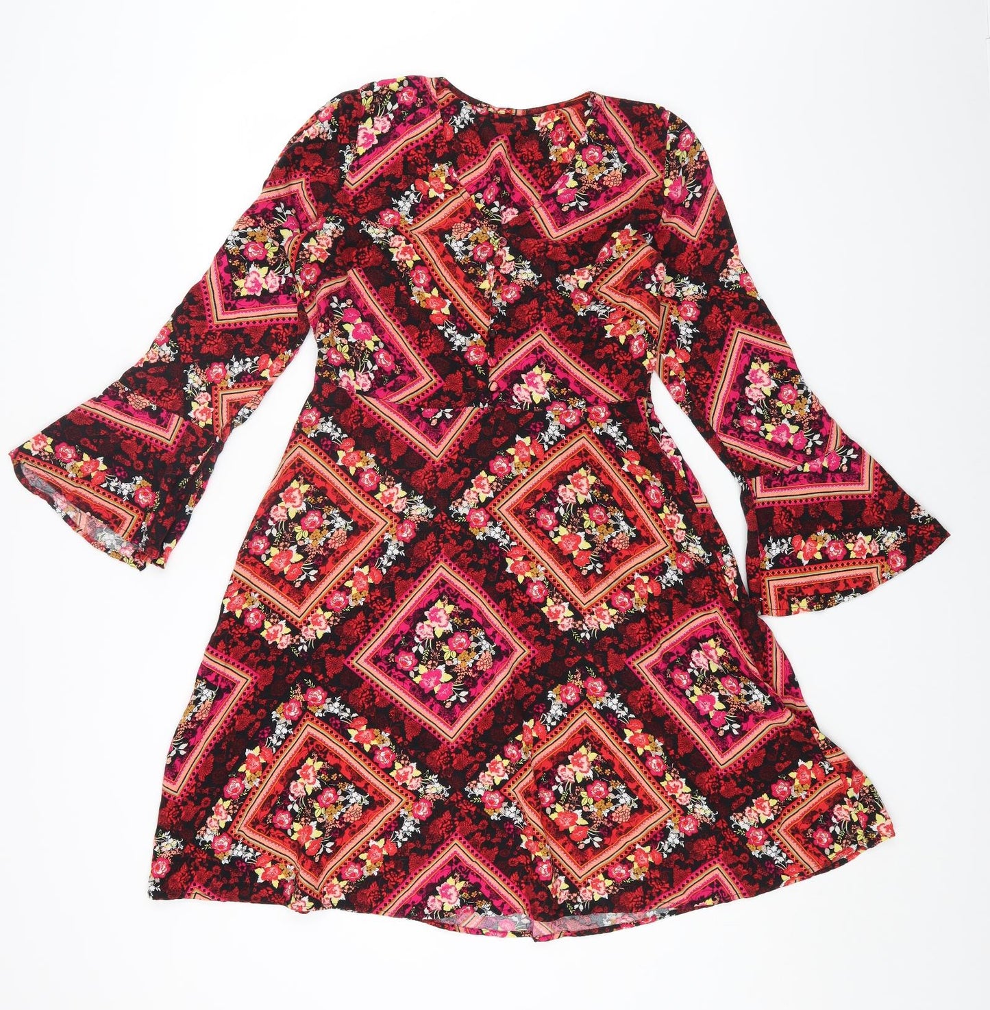TU Womens Multicoloured Geometric Viscose Fit & Flare Size 10 V-Neck Zip
