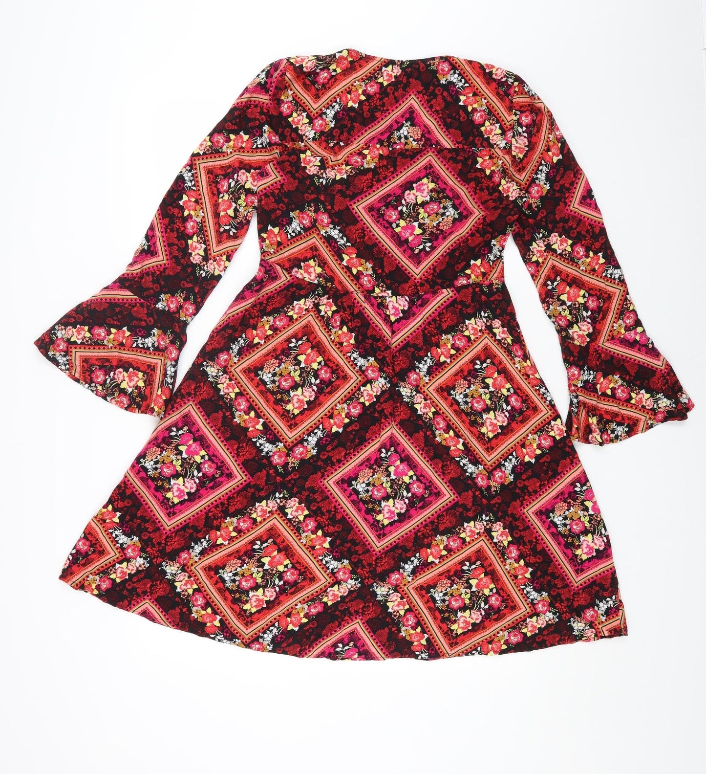 TU Womens Multicoloured Geometric Viscose Fit & Flare Size 10 V-Neck Zip