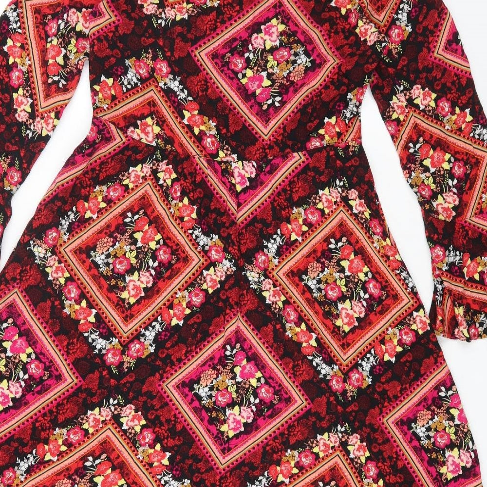 TU Womens Multicoloured Geometric Viscose Fit & Flare Size 10 V-Neck Zip