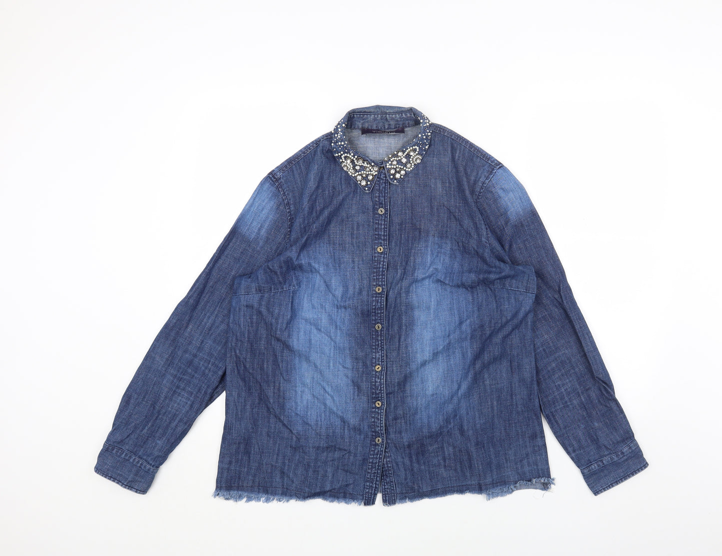 VIOLETA Womens Blue Cotton Basic Button-Up Size M Collared - Distressed Hem