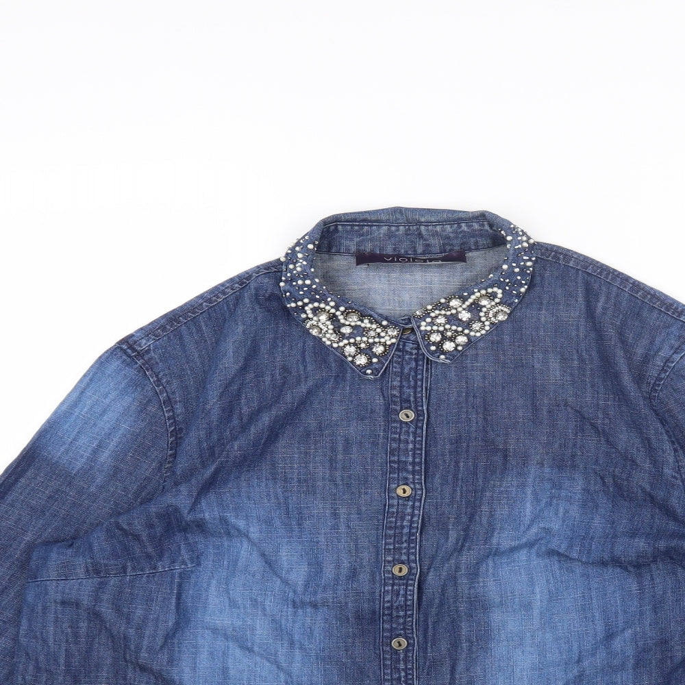 VIOLETA Womens Blue Cotton Basic Button-Up Size M Collared - Distressed Hem