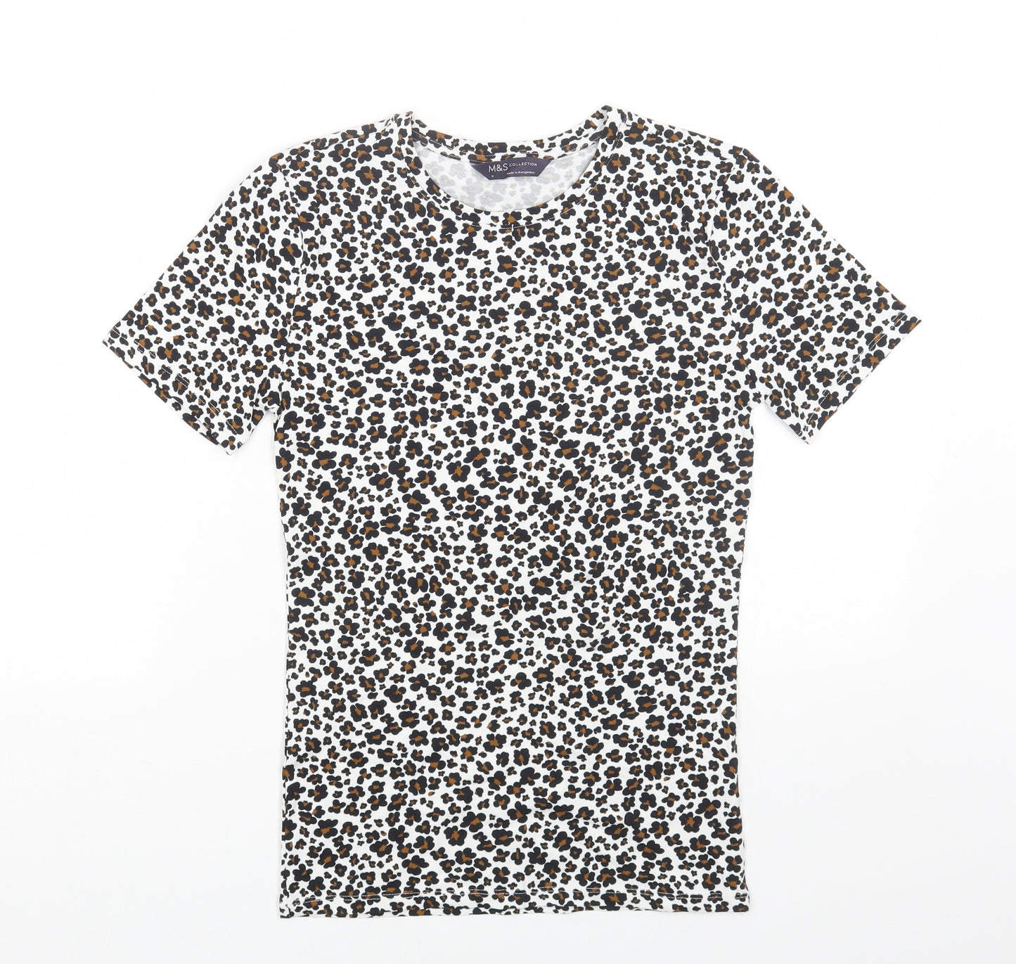 Marks and Spencer Womens Multicoloured Animal Print Cotton Basic T-Shirt Size 6 Round Neck - Leopard Print