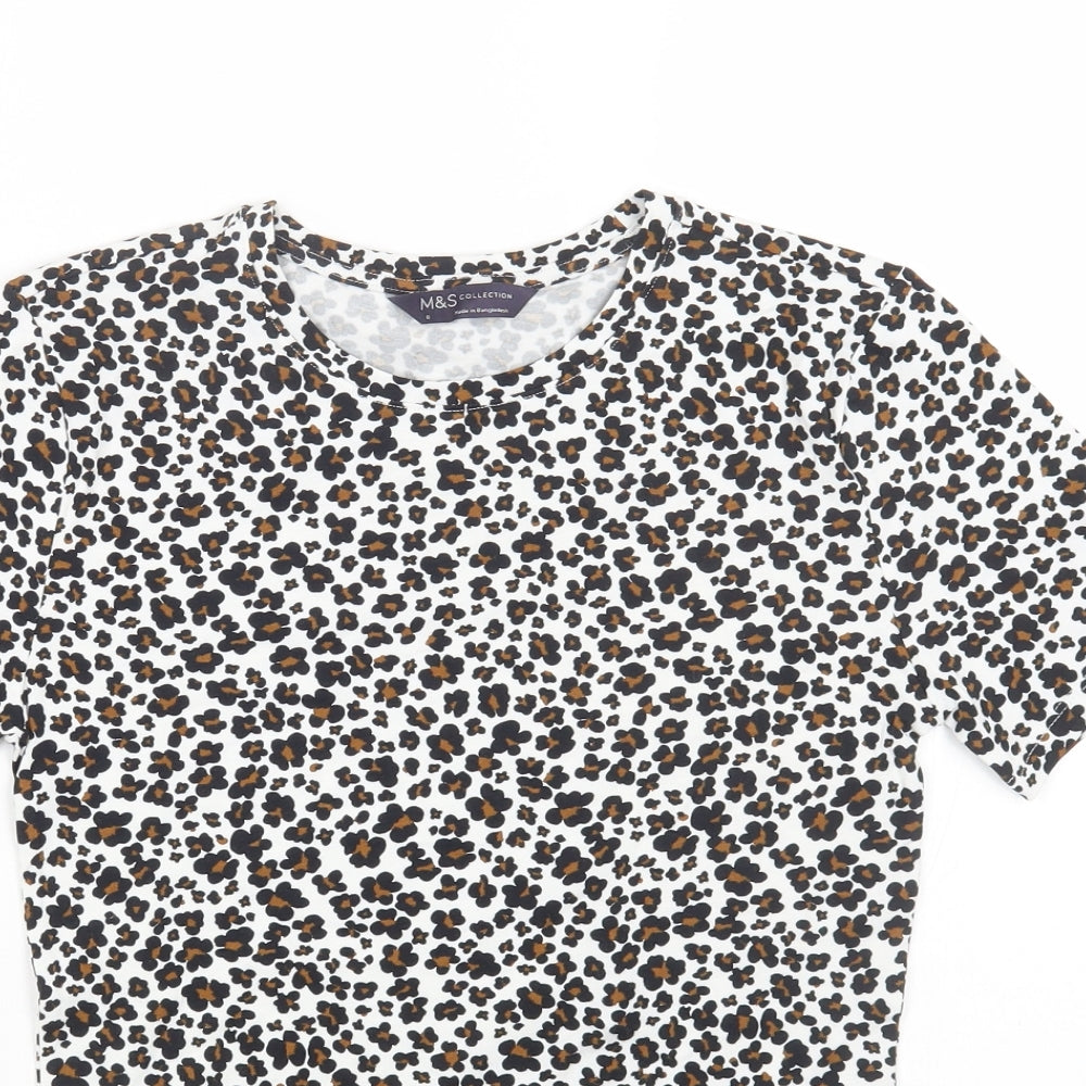 Marks and Spencer Womens Multicoloured Animal Print Cotton Basic T-Shirt Size 6 Round Neck - Leopard Print