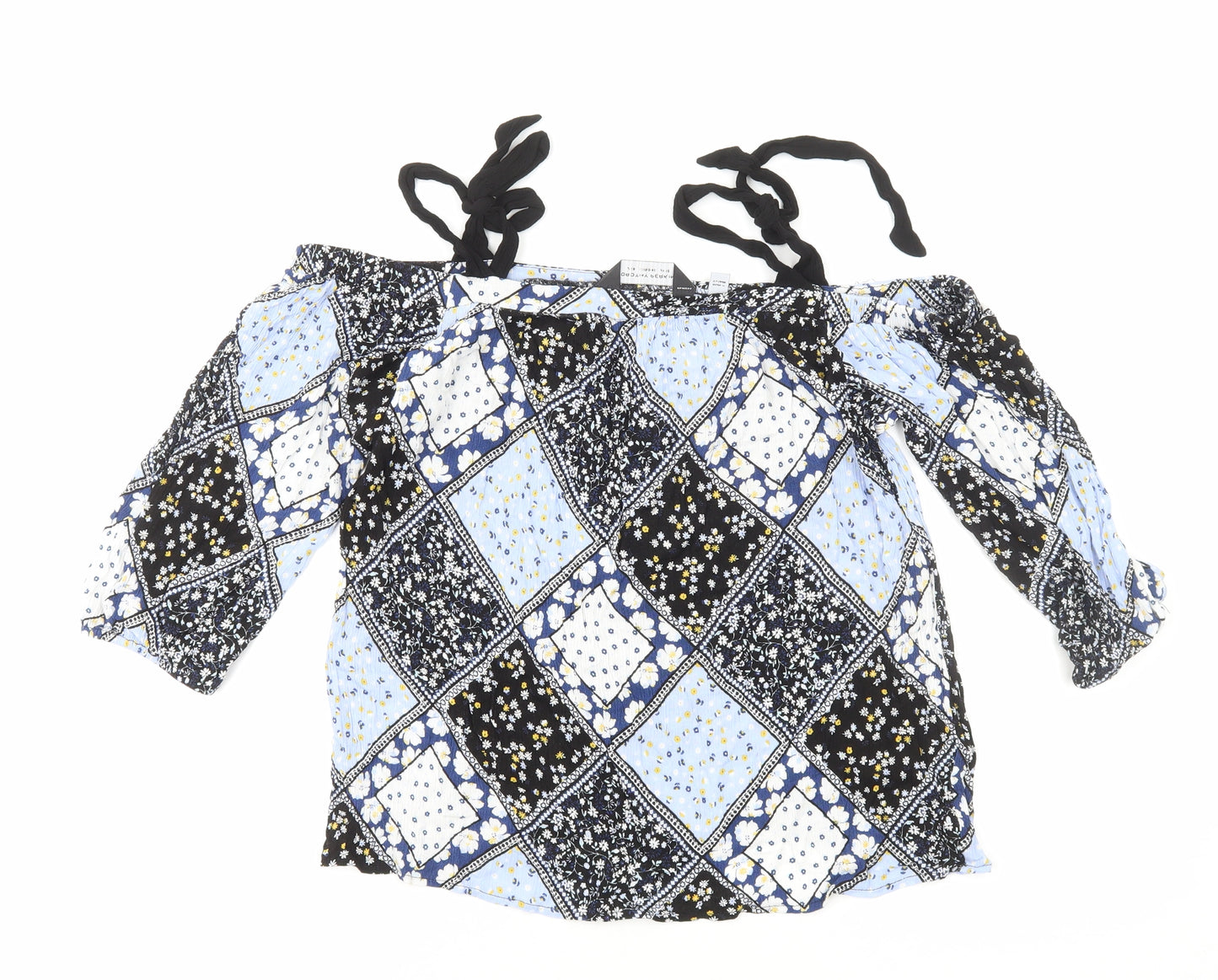 Dorothy Perkins Womens Blue Geometric Viscose Basic Blouse Size 12 Square Neck - Tie Shoulder, Cold Shoulder