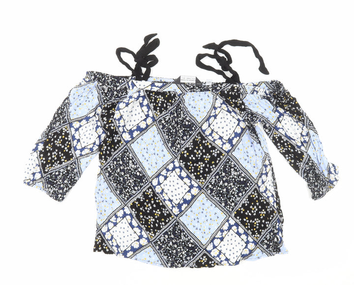 Dorothy Perkins Womens Blue Geometric Viscose Basic Blouse Size 12 Square Neck - Tie Shoulder, Cold Shoulder