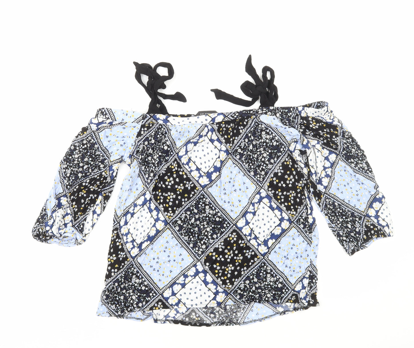 Dorothy Perkins Womens Blue Geometric Viscose Basic Blouse Size 12 Square Neck - Tie Shoulder, Cold Shoulder