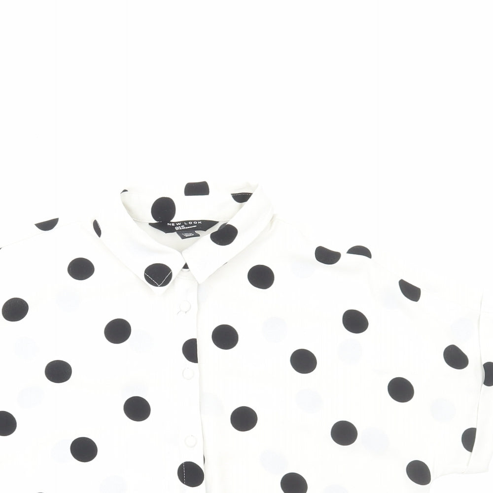 New Look Girls White Polka Dot Polyester Basic Button-Up Size 10 Years Round Neck Button
