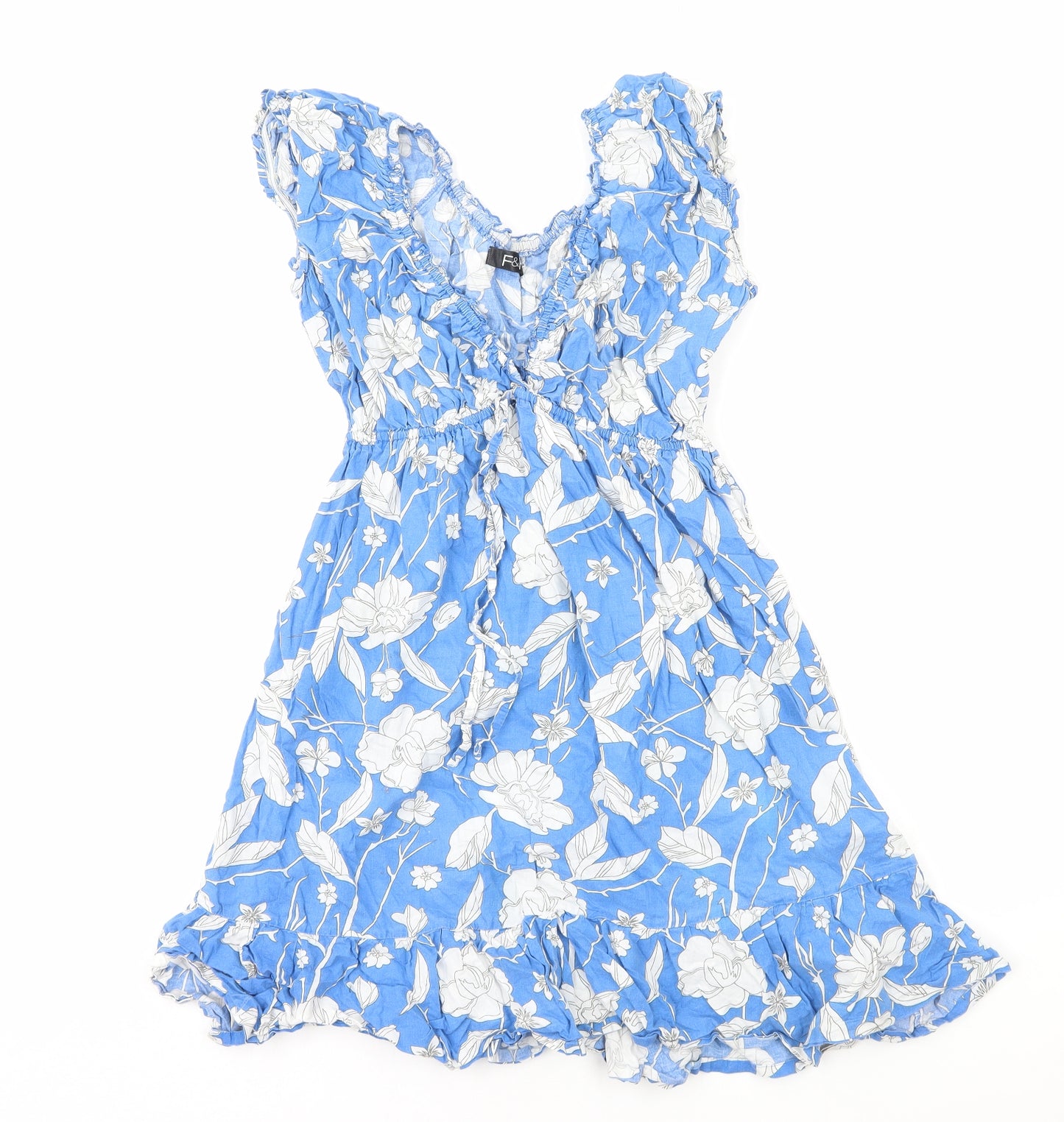 F&F Womens Blue Floral Cotton Fit & Flare Size L V-Neck Pullover