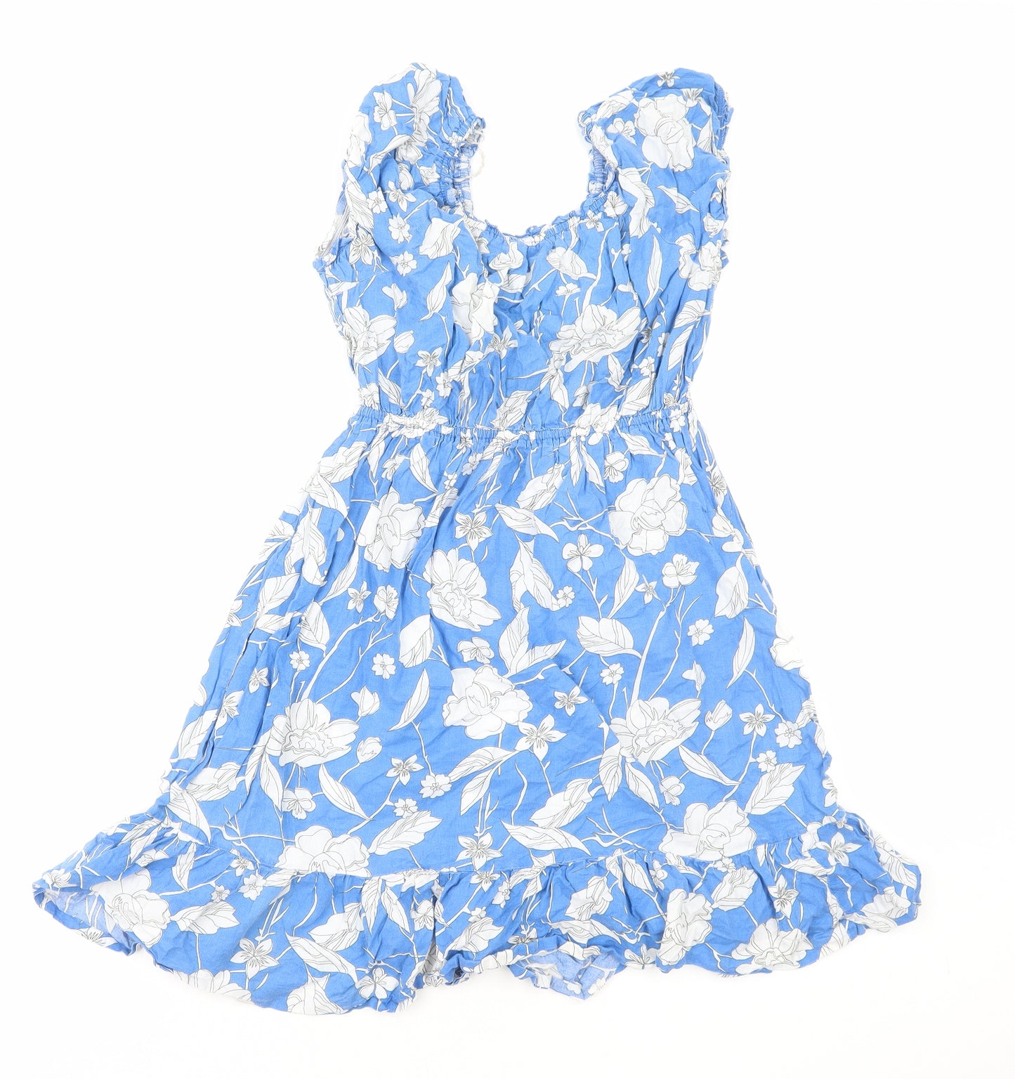 F&F Womens Blue Floral Cotton Fit & Flare Size L V-Neck Pullover