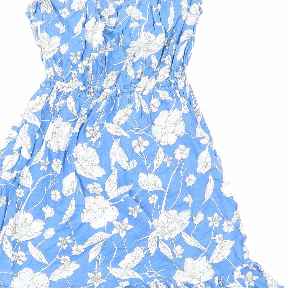 F&F Womens Blue Floral Cotton Fit & Flare Size L V-Neck Pullover
