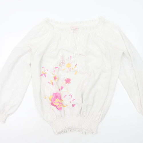 Gharani Strok Womens White Polyester Basic Blouse Size L Boat Neck - Flower Detail