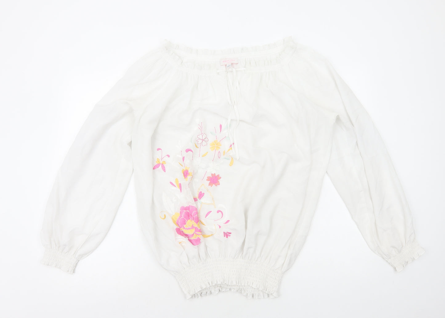 Gharani Strok Womens White Polyester Basic Blouse Size L Boat Neck - Flower Detail