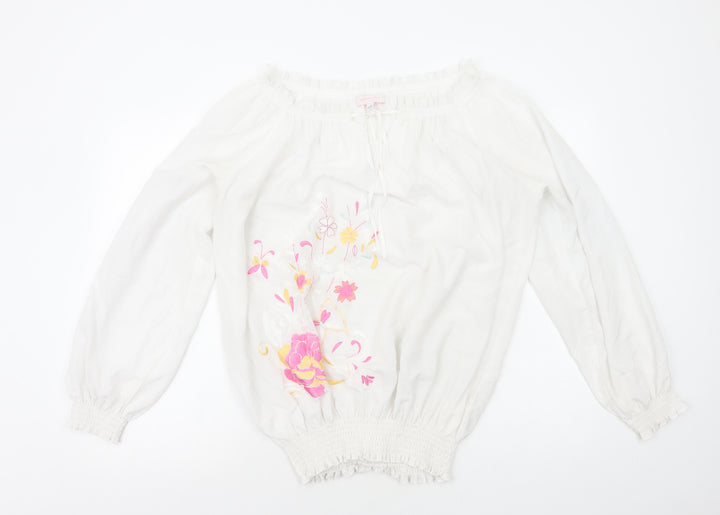 Gharani Strok Womens White Polyester Basic Blouse Size L Boat Neck - Flower Detail