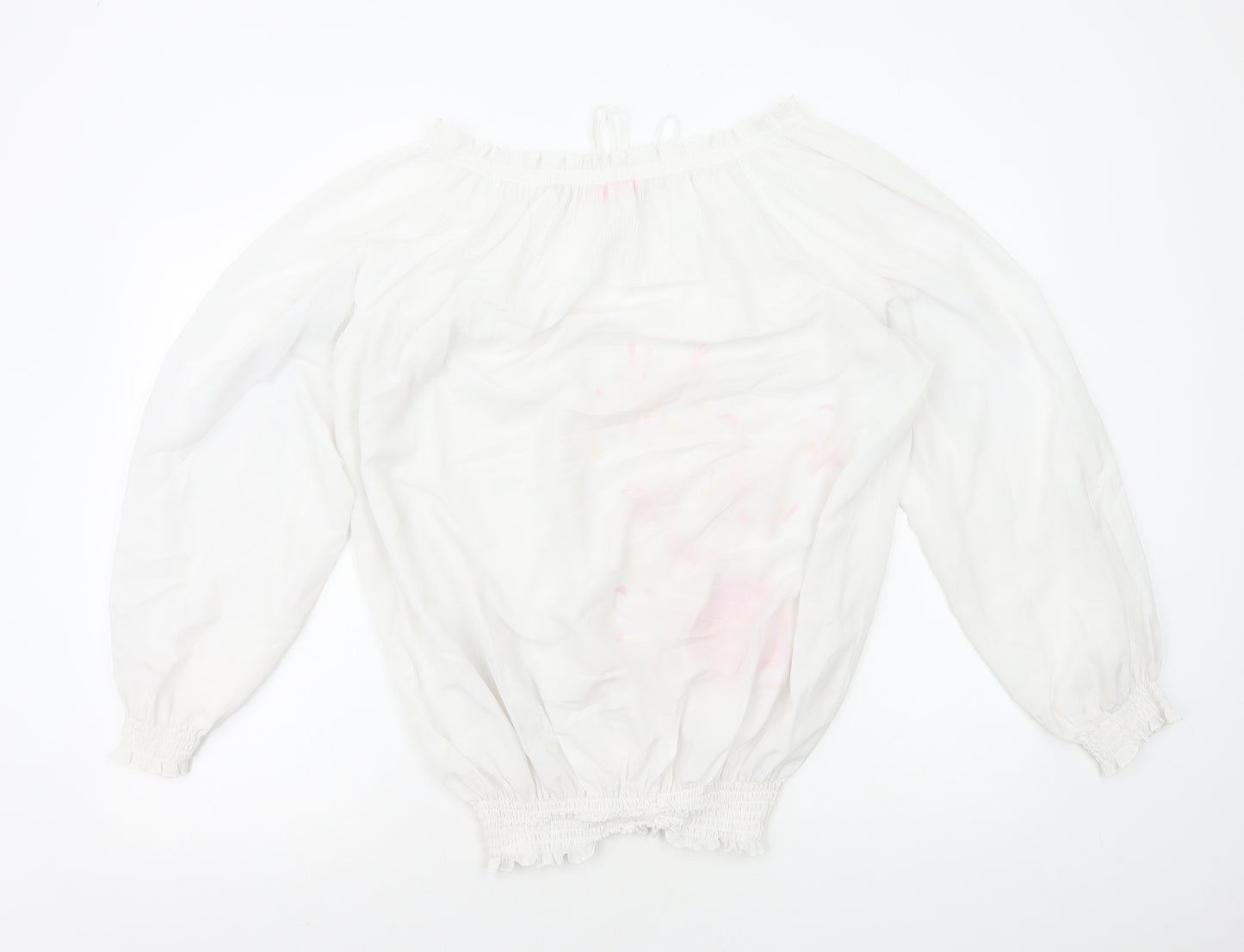 Gharani Strok Womens White Polyester Basic Blouse Size L Boat Neck - Flower Detail