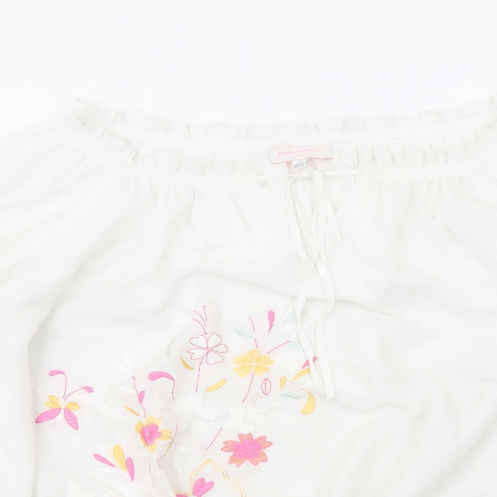 Gharani Strok Womens White Polyester Basic Blouse Size L Boat Neck - Flower Detail