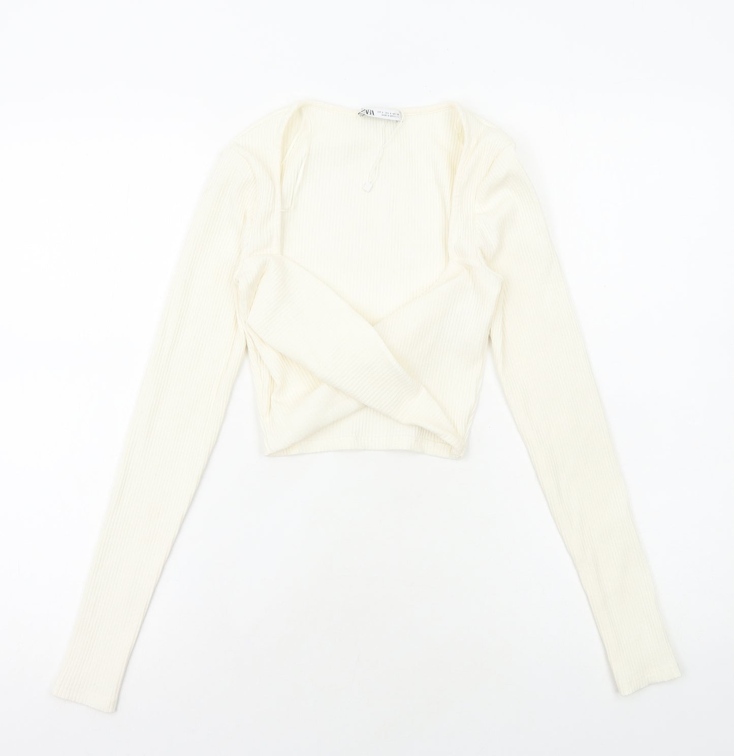 Zara Womens White Polyester Cropped Blouse Size S Scoop Neck - Ribbed