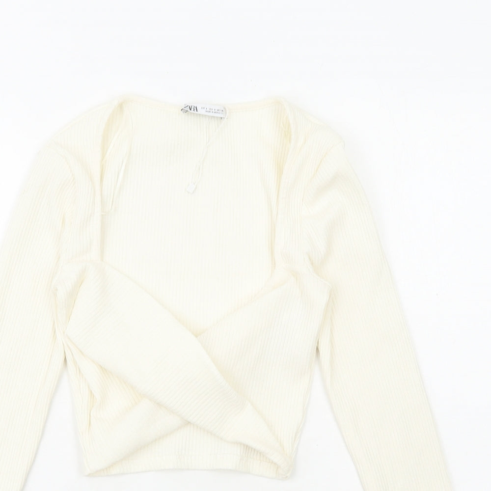 Zara Womens White Polyester Cropped Blouse Size S Scoop Neck - Ribbed
