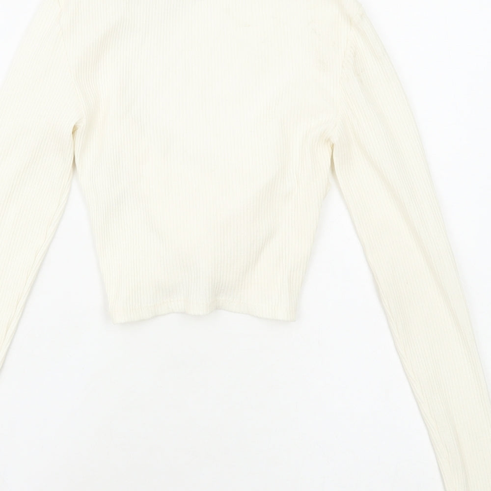 Zara Womens White Polyester Cropped Blouse Size S Scoop Neck - Ribbed