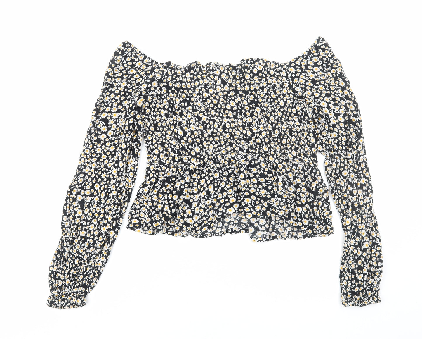 Primark Womens Black Floral Viscose Basic Blouse Size 10 Off the Shoulder