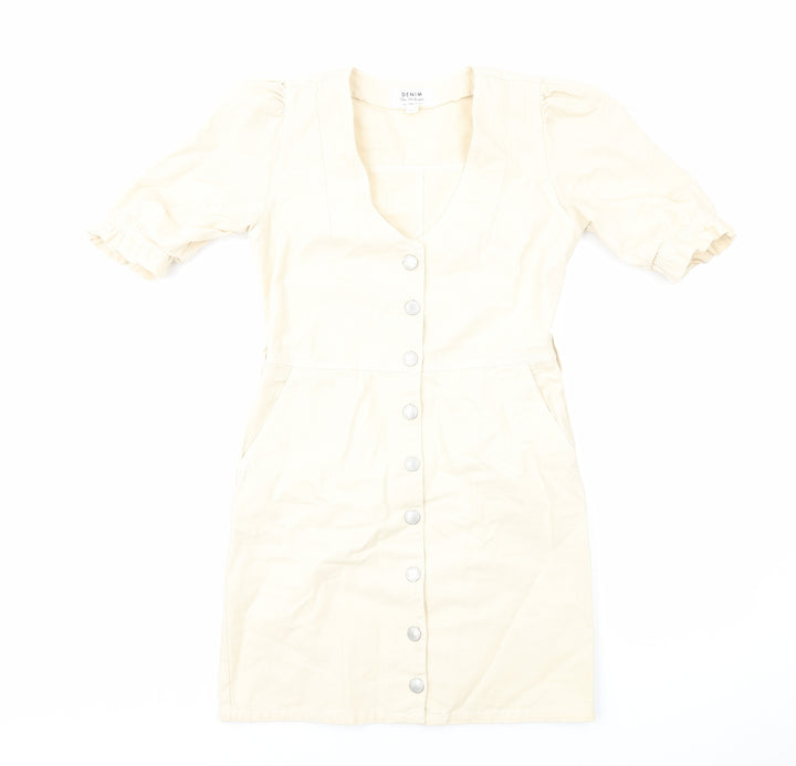 Miss Selfridge Womens Ivory Cotton Mini Size 6 V-Neck Button