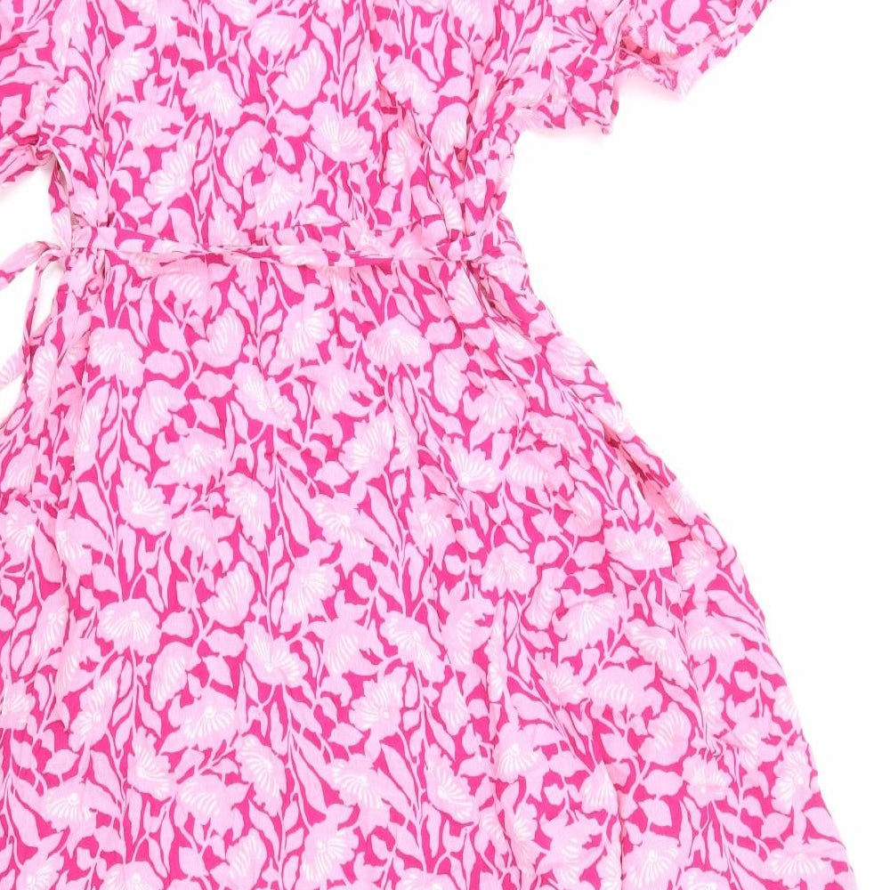 Per Una Womens Pink Floral Viscose A-Line Size 18 V-Neck Tie