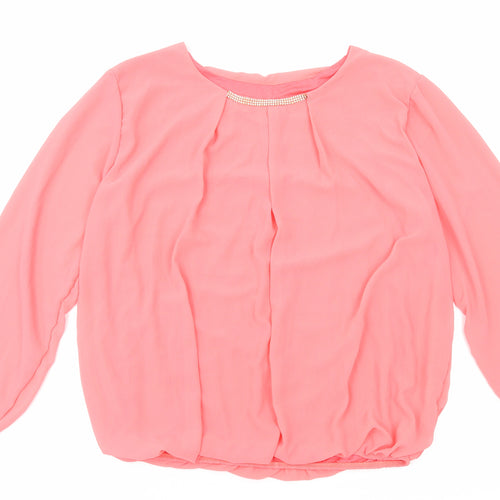 Preworn Womens Pink Polyester Basic Blouse Size 14 Round Neck