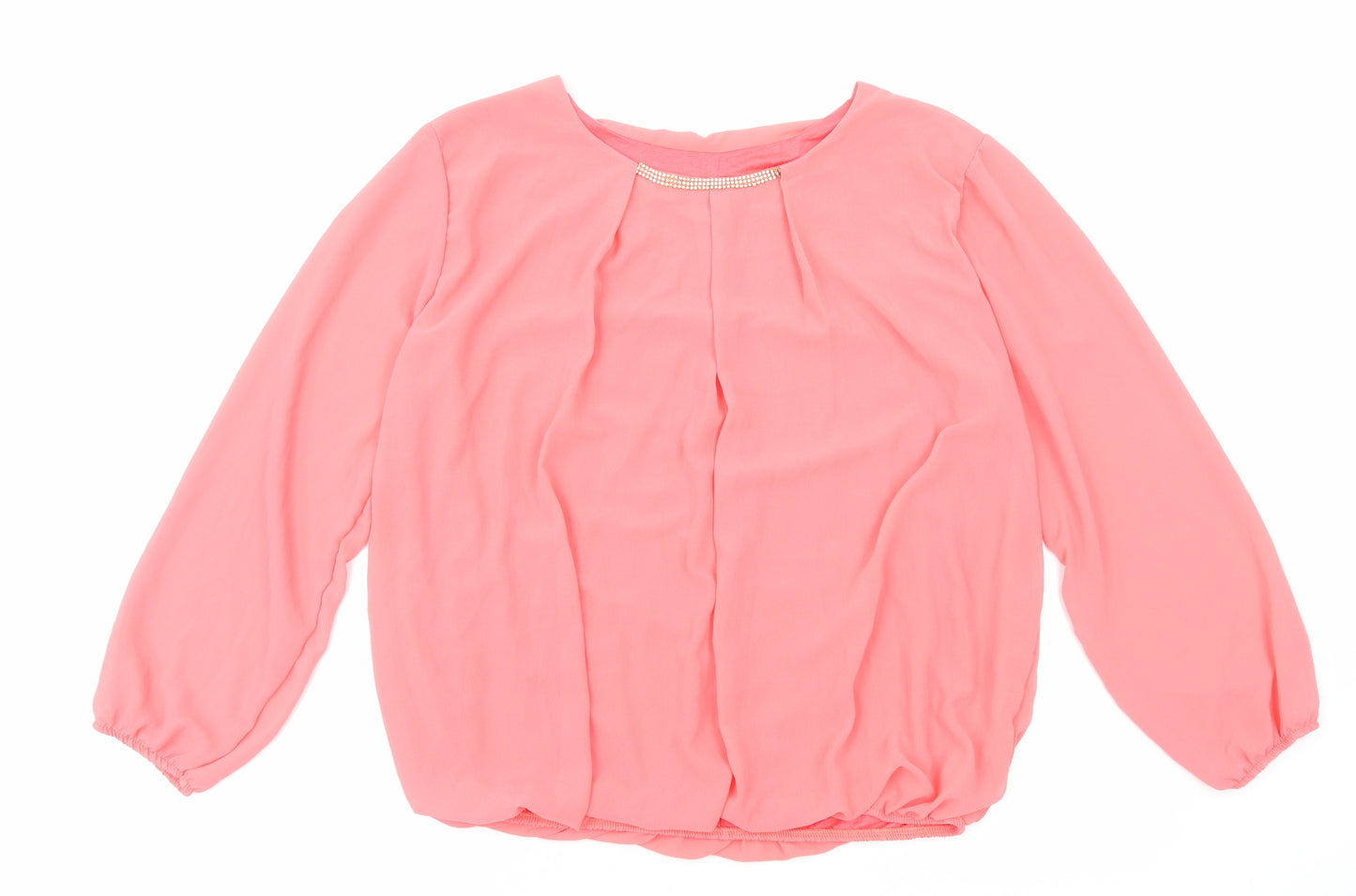 Preworn Womens Pink Polyester Basic Blouse Size 14 Round Neck