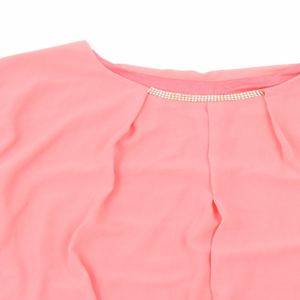Preworn Womens Pink Polyester Basic Blouse Size 14 Round Neck