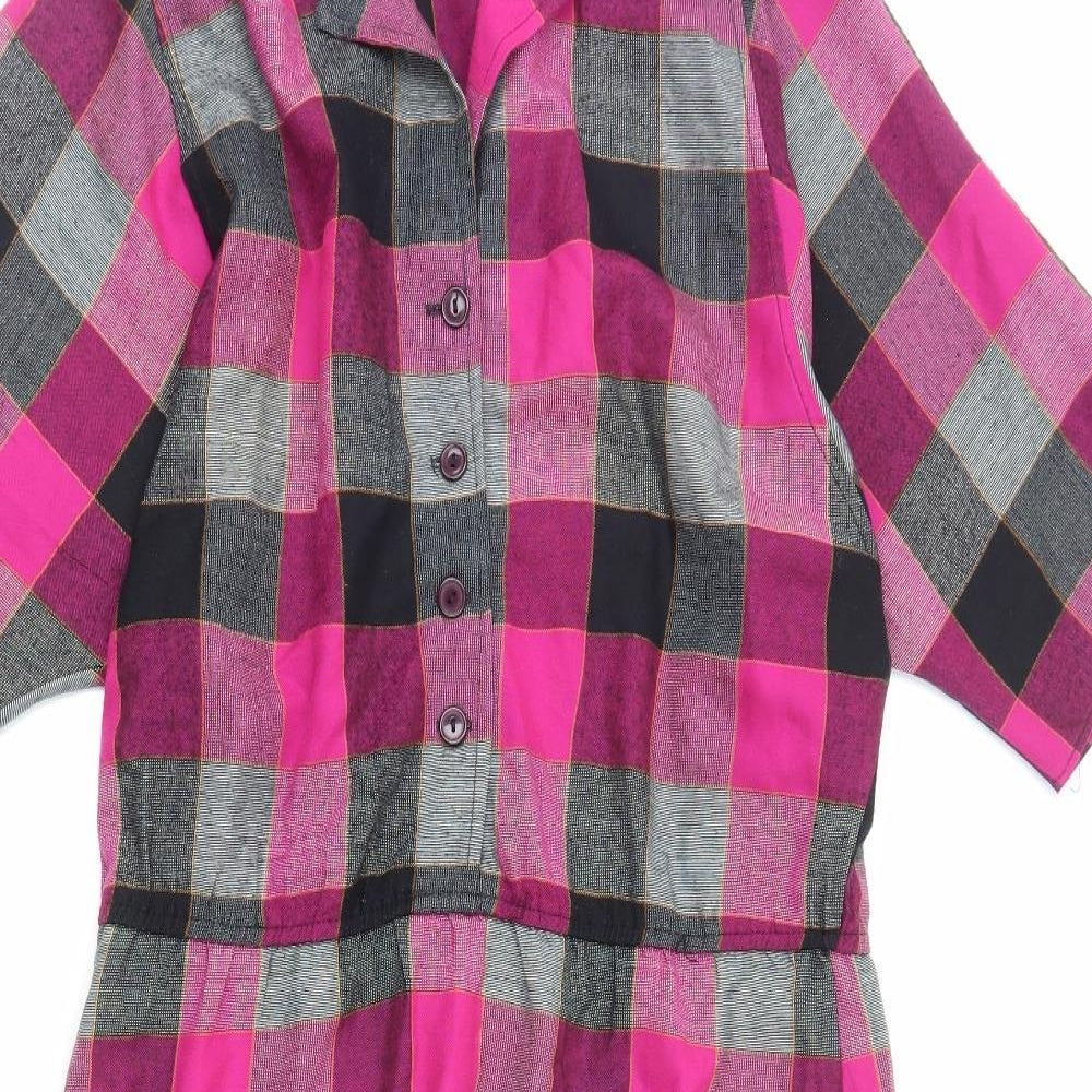 Preworn Womens Pink Check Polyester Shirt Dress Size L Collared Button
