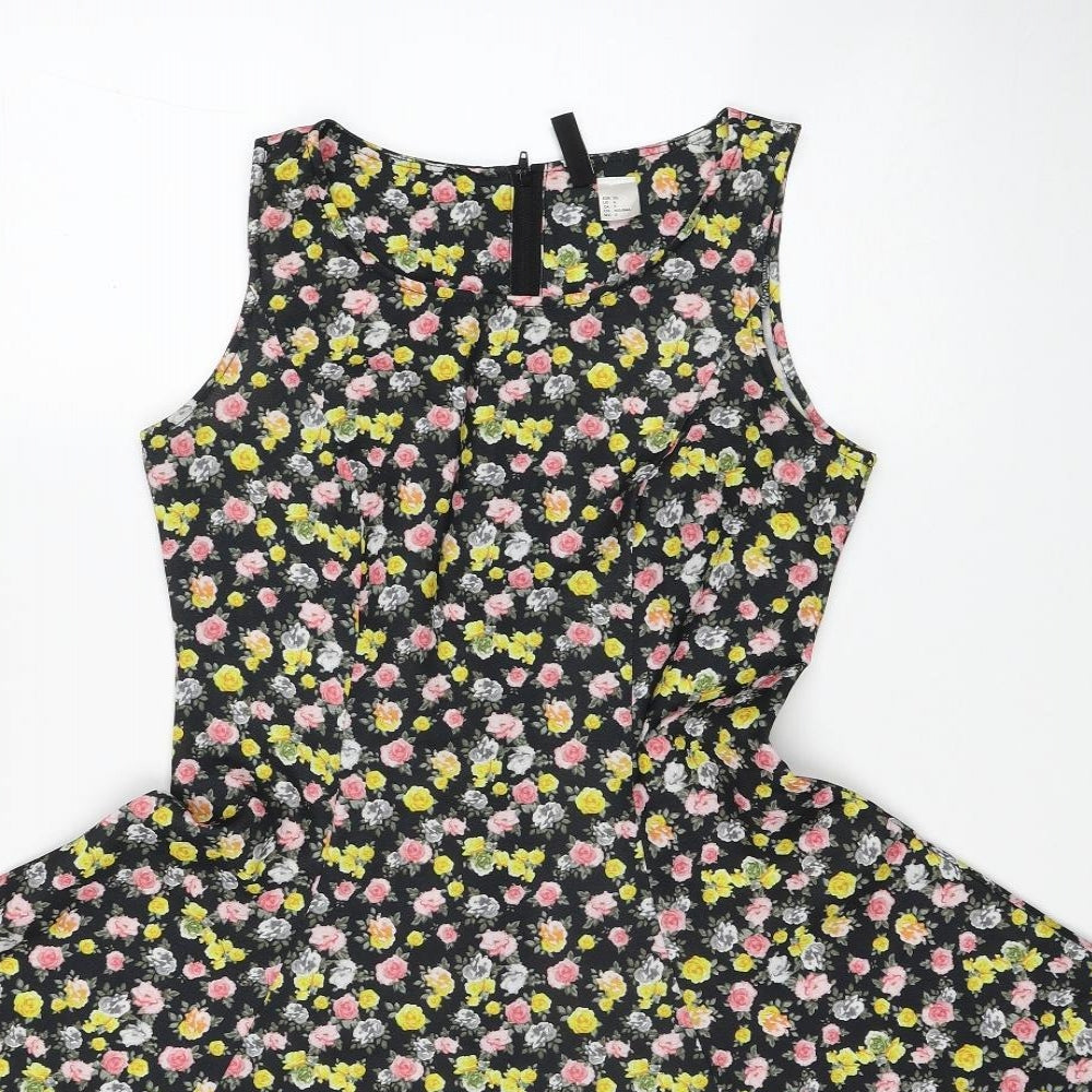 Divided by H&M Womens Multicoloured Floral Polyester Skater Dress Size 8 Boat Neck Zip
