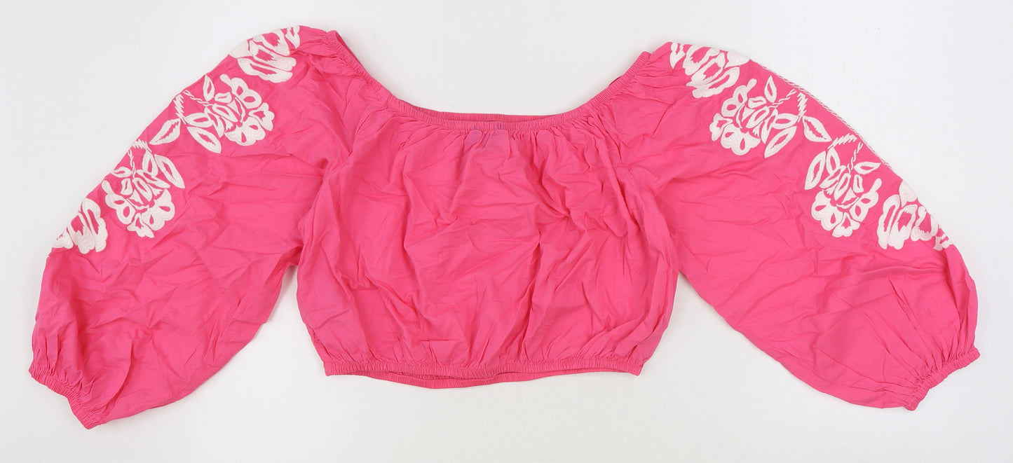 Marks and Spencer Womens Pink 100% Cotton Cropped Blouse Size 14 Boat Neck