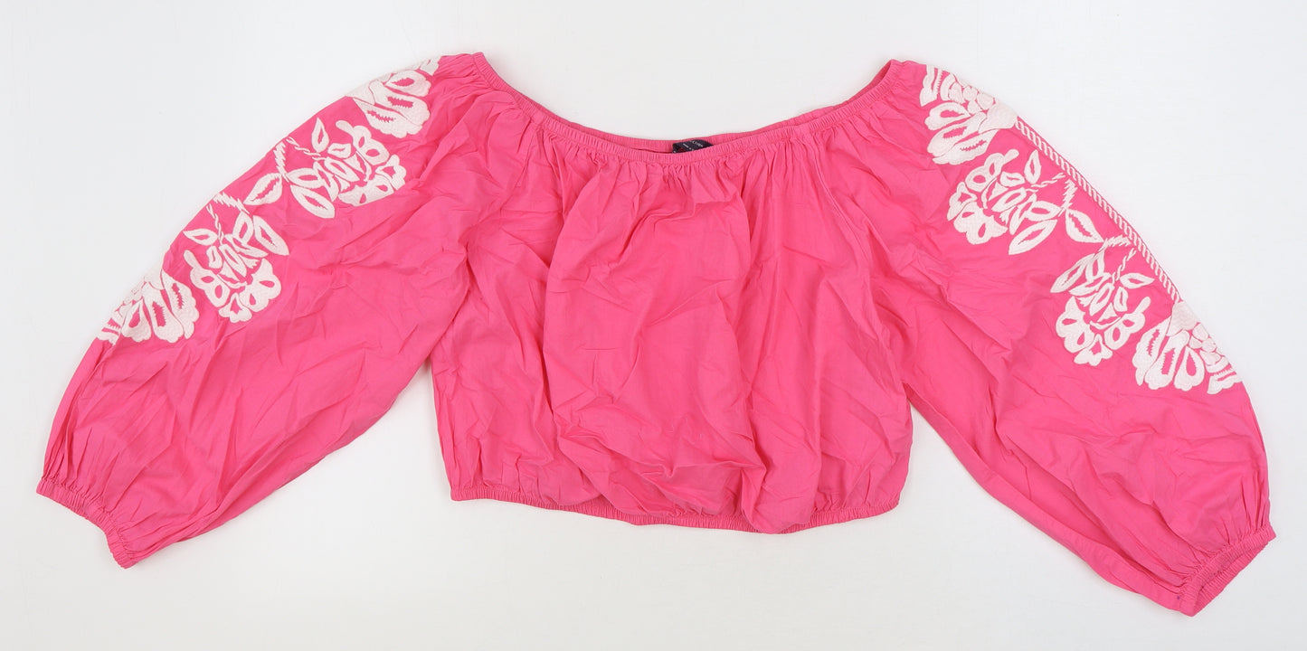 Marks and Spencer Womens Pink 100% Cotton Cropped Blouse Size 18 Boat Neck - Flower Detail