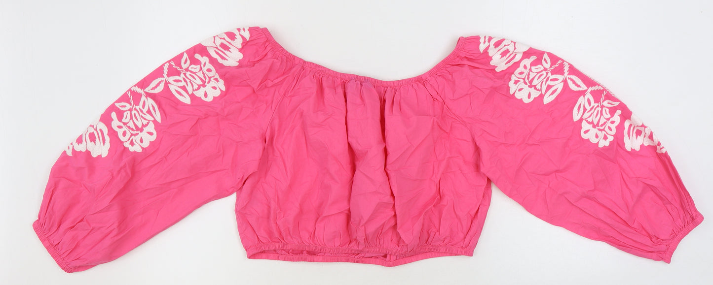Marks and Spencer Womens Pink 100% Cotton Cropped Blouse Size 18 Boat Neck - Flower Detail