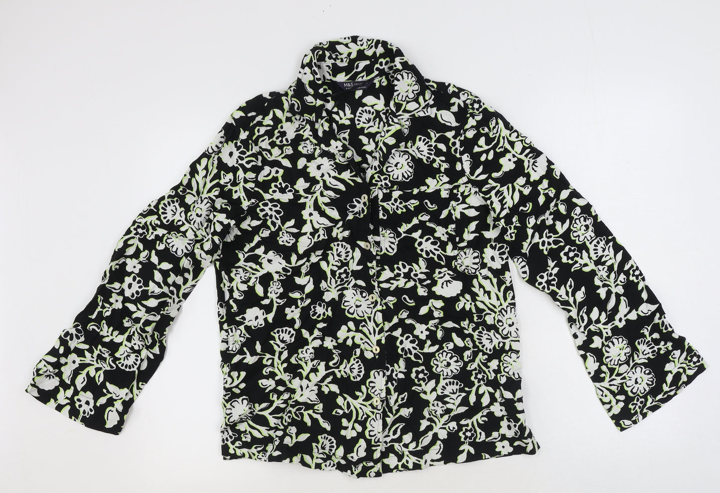 Marks and Spencer Womens Black Floral Viscose Basic Button-Up Size 8 Collared