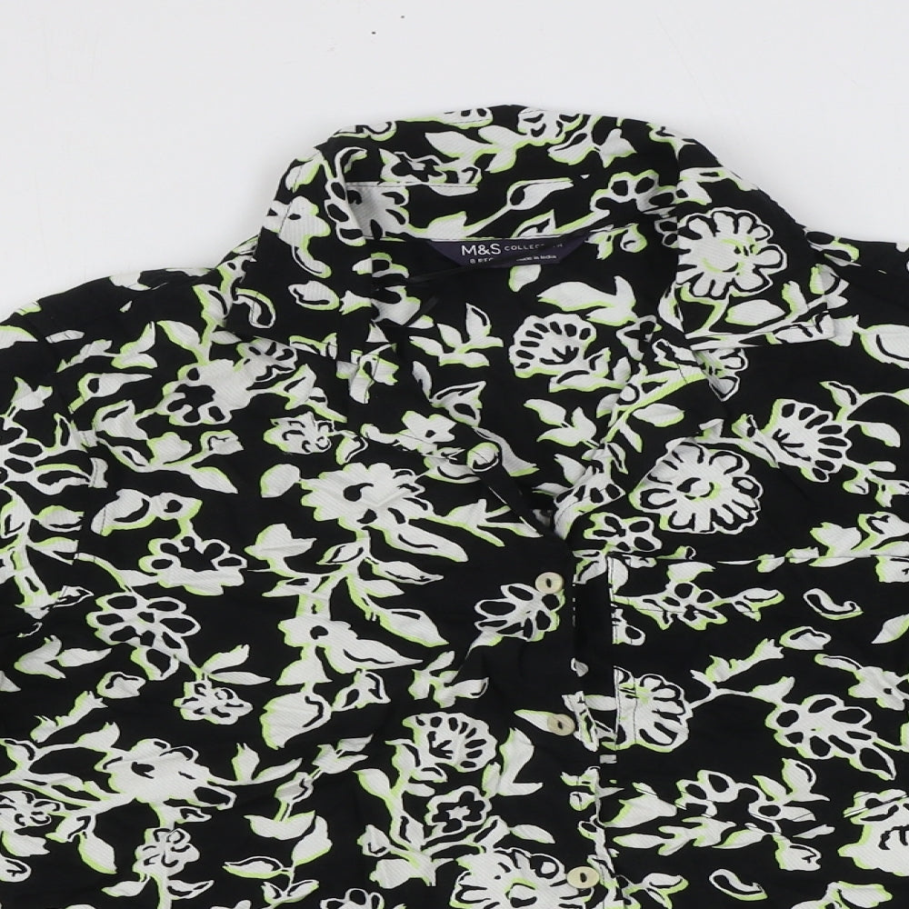 Marks and Spencer Womens Black Floral Viscose Basic Button-Up Size 8 Collared