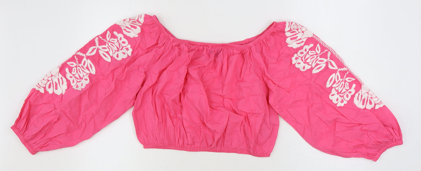 Marks and Spencer Womens Pink 100% Cotton Cropped Blouse Size 16 Boat Neck - Flower Detail