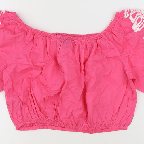 Marks and Spencer Womens Pink 100% Cotton Cropped Blouse Size 16 Boat Neck - Flower Detail