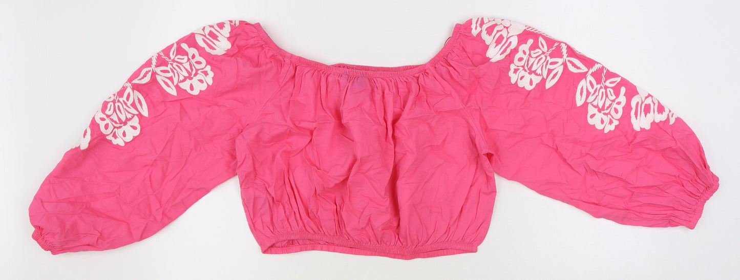 Marks and Spencer Womens Pink 100% Cotton Cropped Blouse Size 16 Boat Neck - Flower Detail