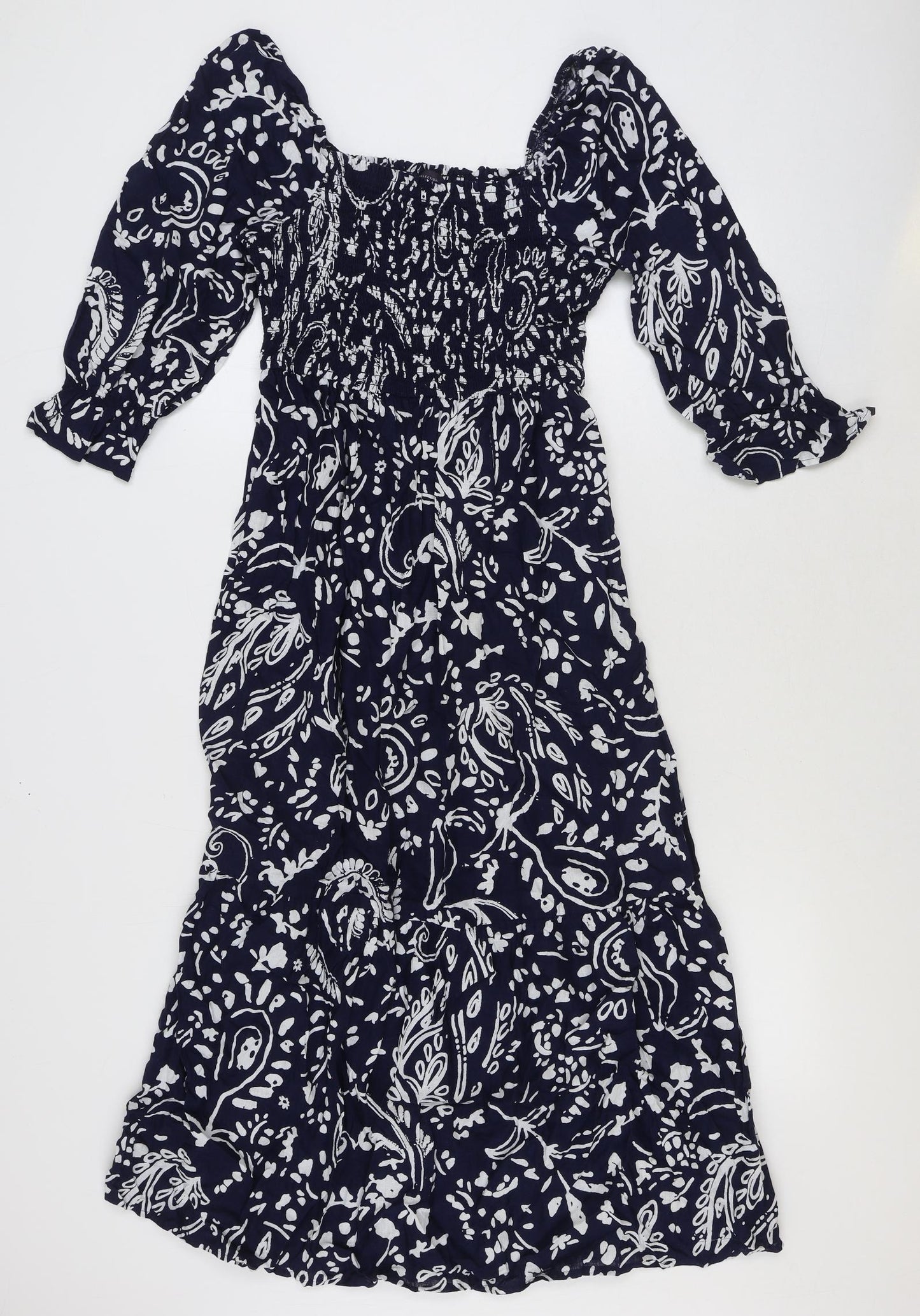 Marks and Spencer Womens Blue Paisley Flax A-Line Size 8 Square Neck Pullover