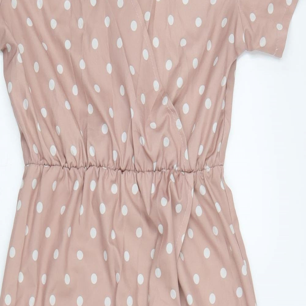 Preworn Womens Pink Polka Dot Polyester A-Line Size 14 V-Neck