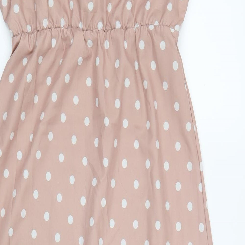 Preworn Womens Pink Polka Dot Polyester A-Line Size 14 V-Neck